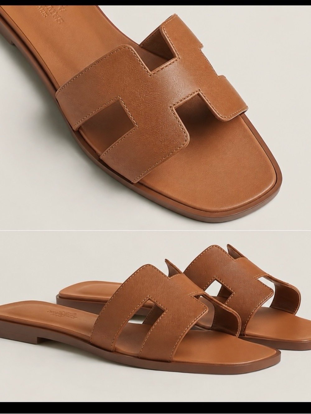 Hermes Cognac Brown Oran Leather Slide Sandals